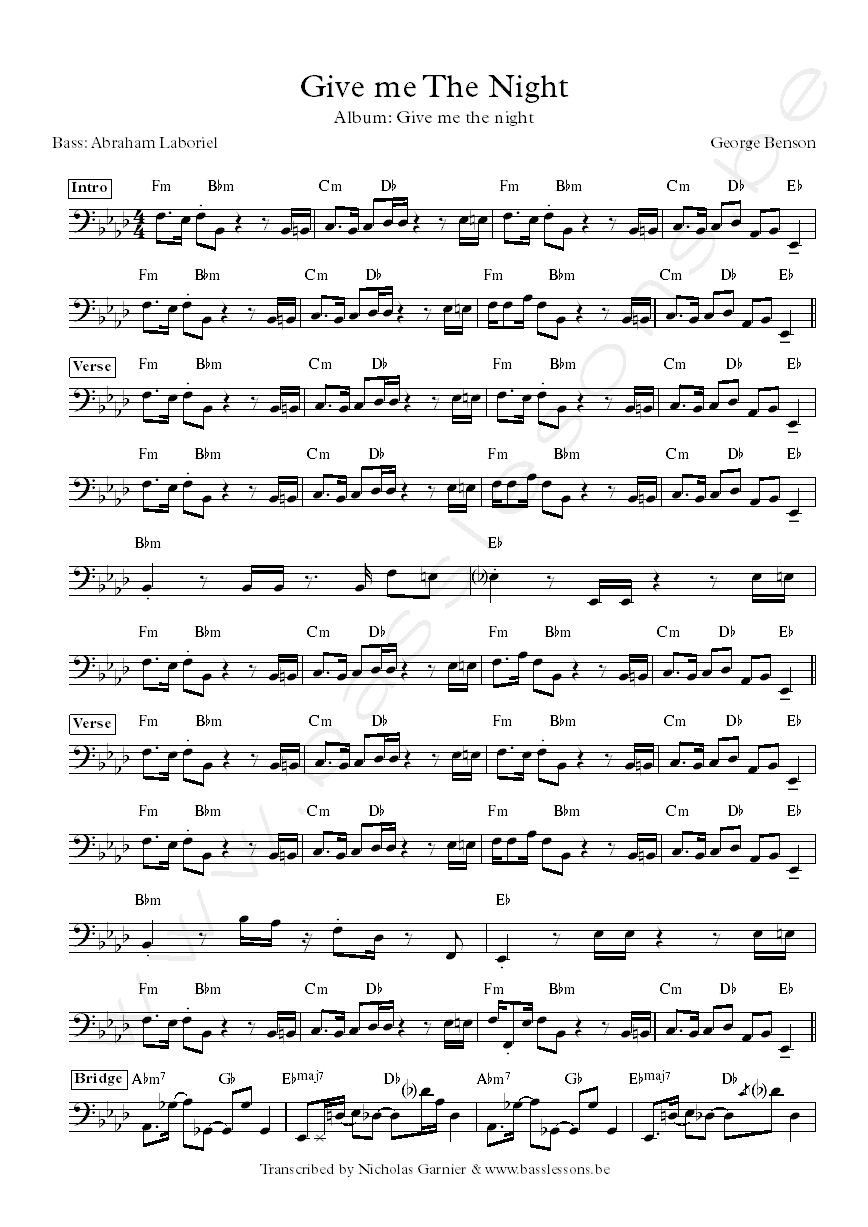 Bass Transcription of Give me the night by George Benson, with Abraham Laboriel on bass