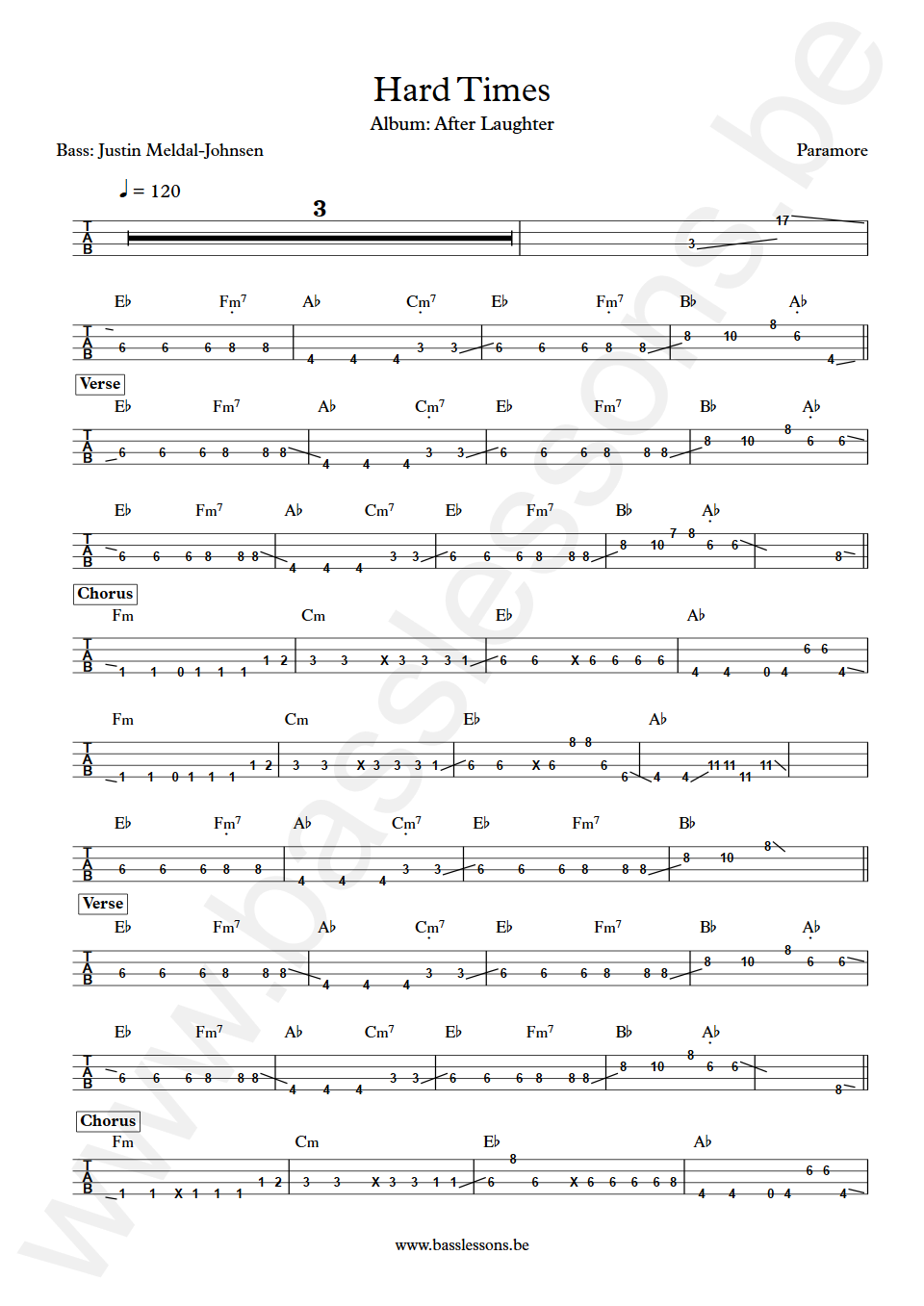 Paramore Hard times Justin Meldal-Johnsen Bass Tab