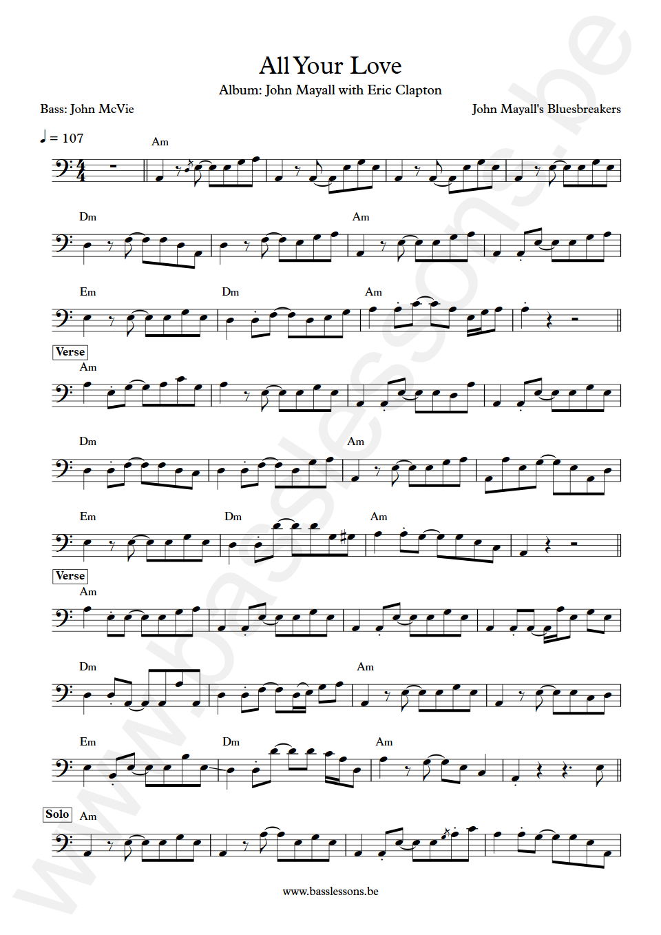 John Mayall Bluesbreakers All Your Love John McVie Bass Transcription