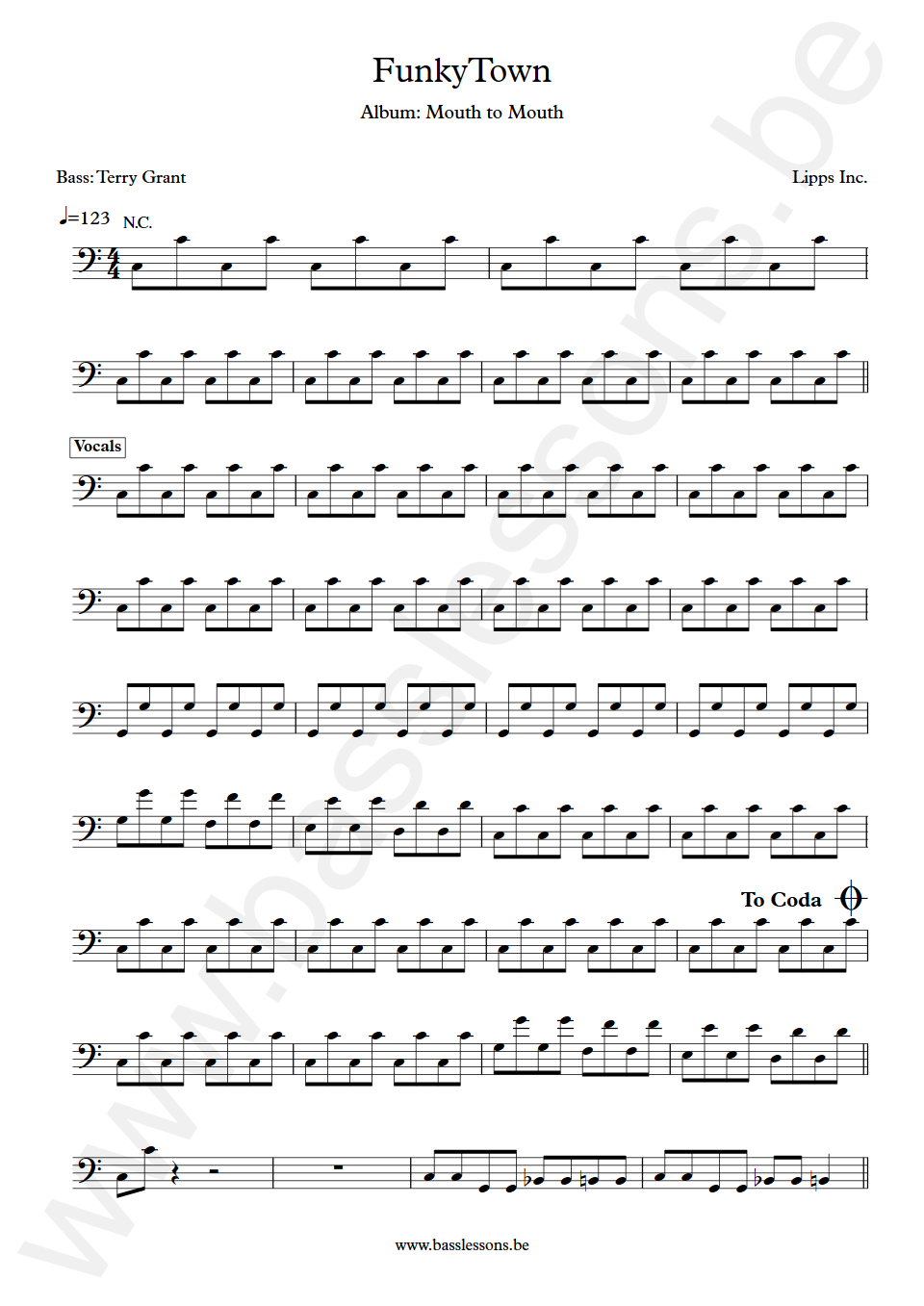 Lipps inc. Funkytown Terry Grant Bass Transcription