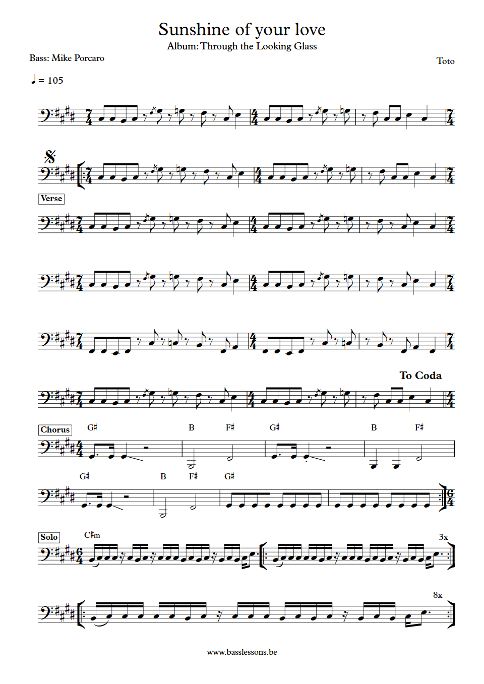 Toto Sunshine of your love Mike Porcaro Bass Transcription