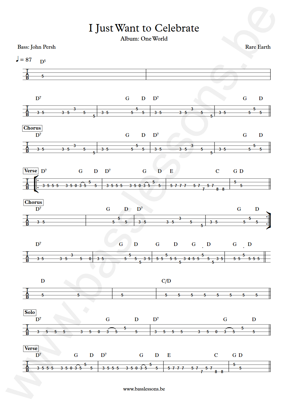 Rare Earth I Just Want to Celebrates John Persh Bass Tabs