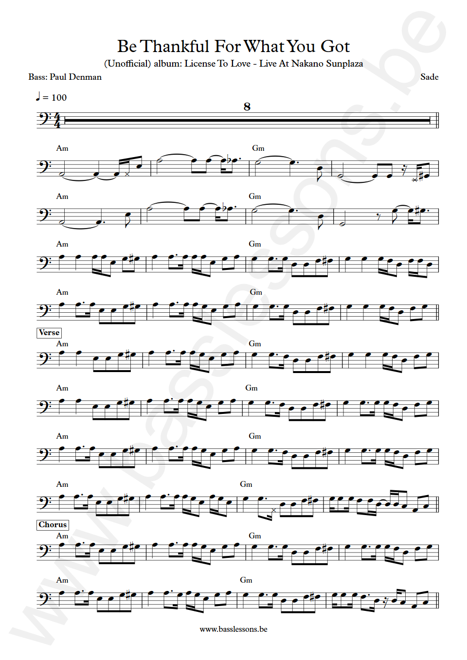 Sade Be Thankful For What You Got Paul S. Denman Bass Transcription