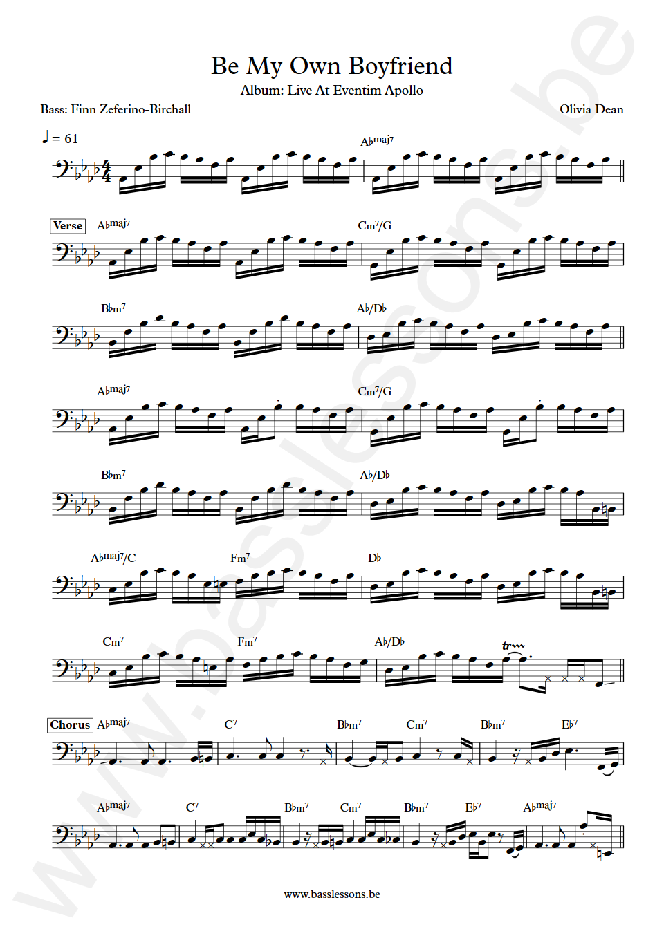 Olivia Dean Be My Own Boyfriend Finn Zeferino-Birchall Bass Transcription