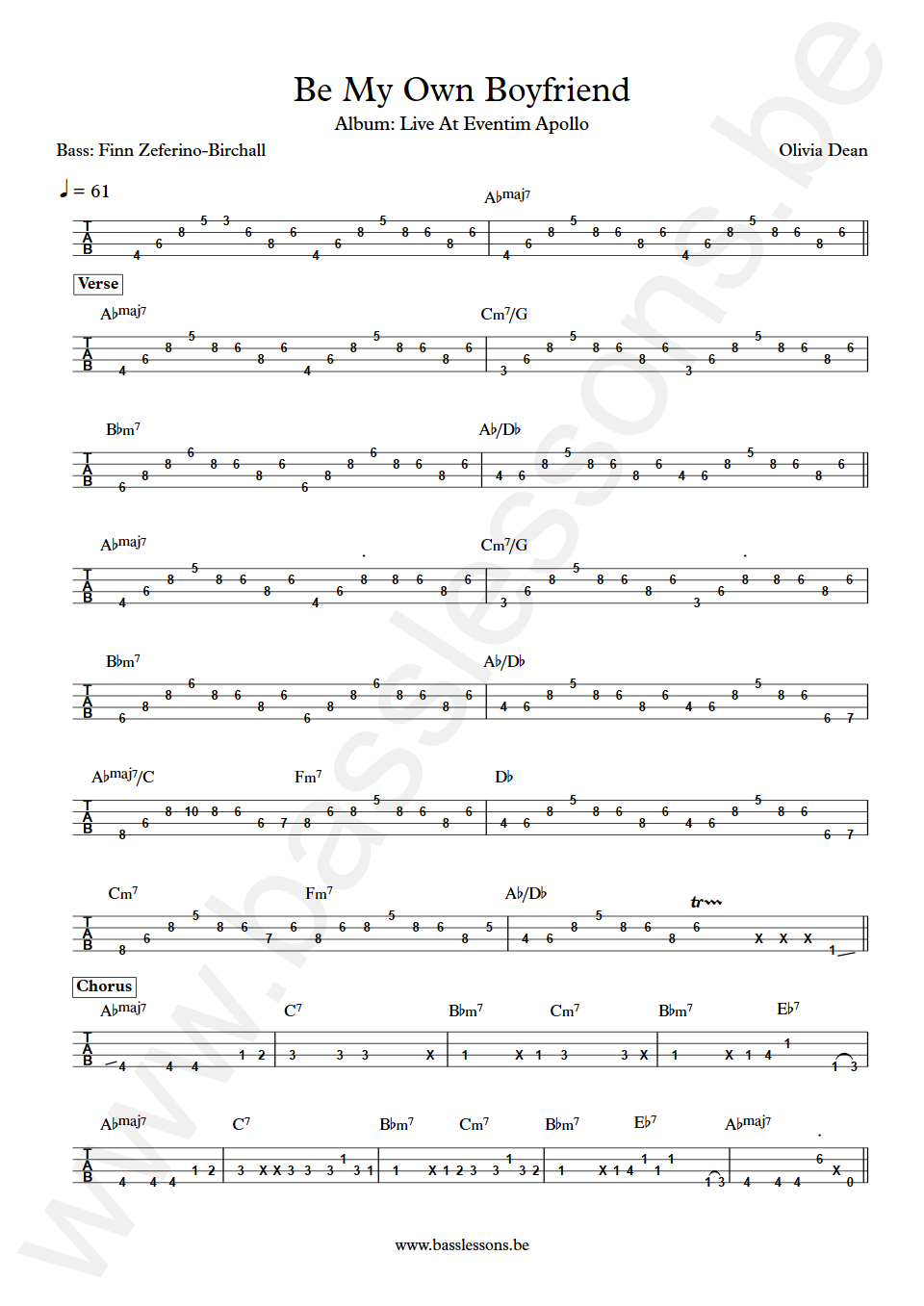 Olivia Dean Be My Own Boyfriend Finn Zeferino-Birchall Bass Tabs