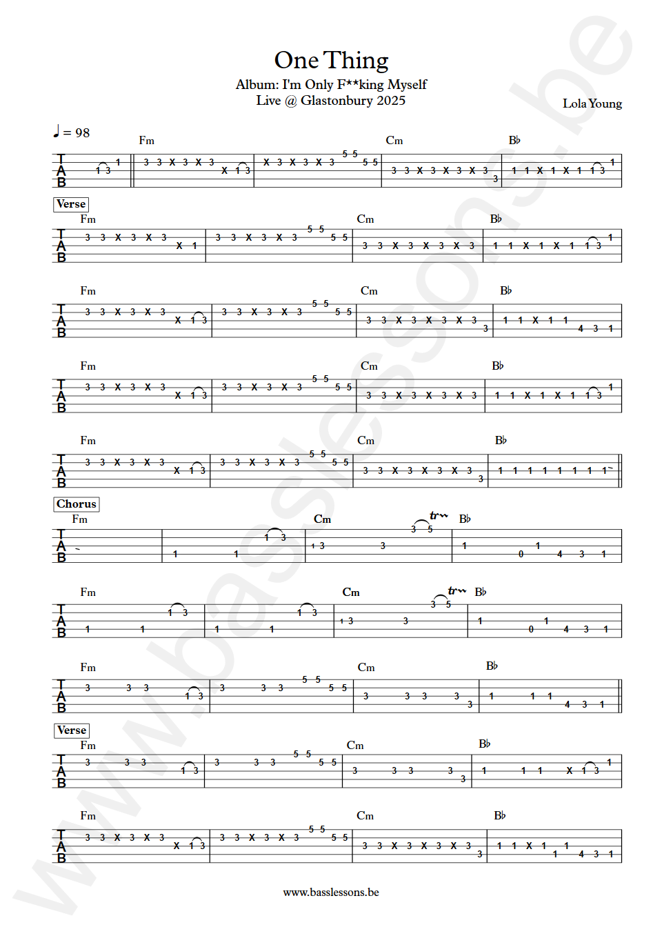 Lola Young One Thing Bass Tabs