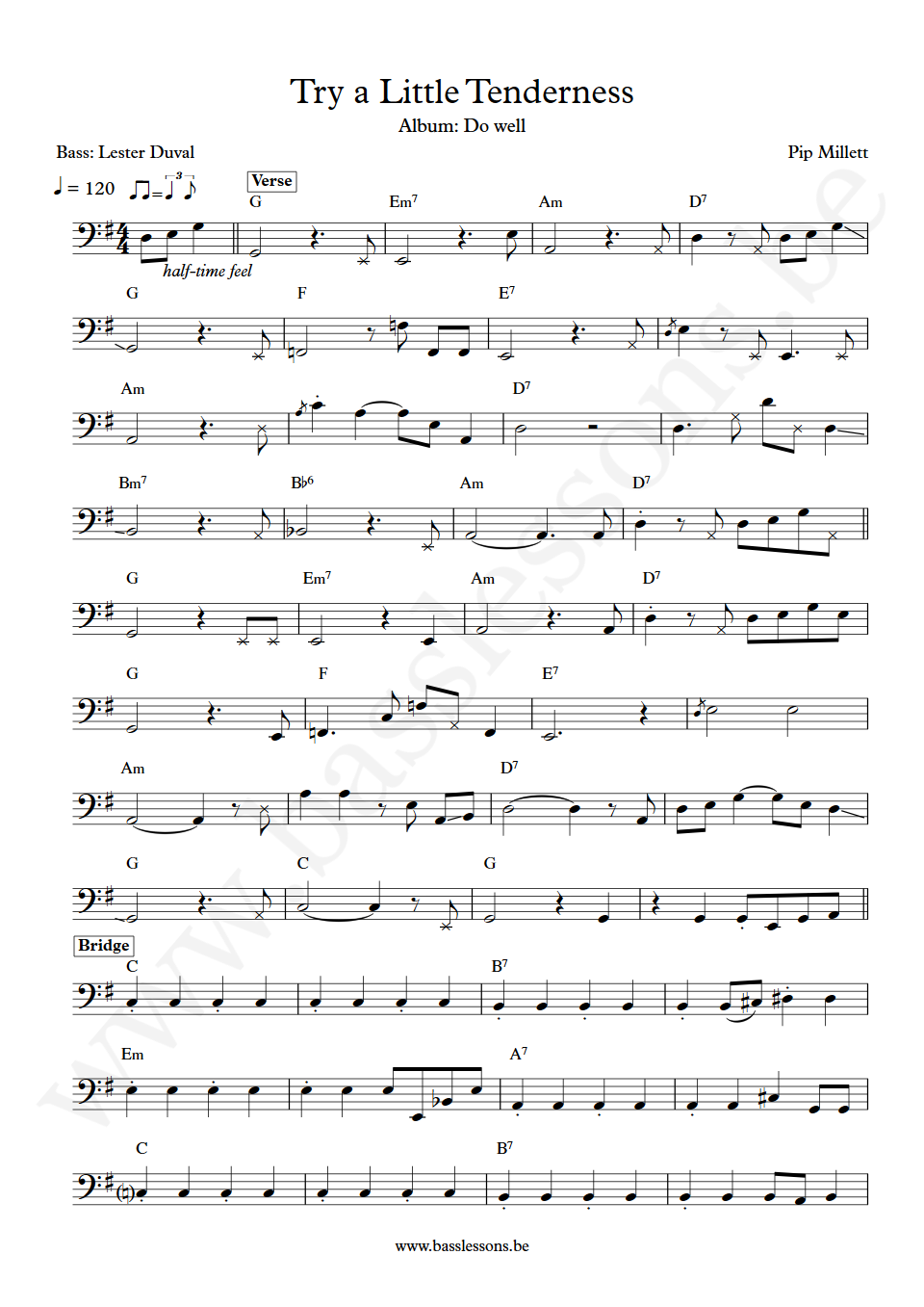 Pip Millett Try a Little Tenderness Lester Duval Bass Transcription