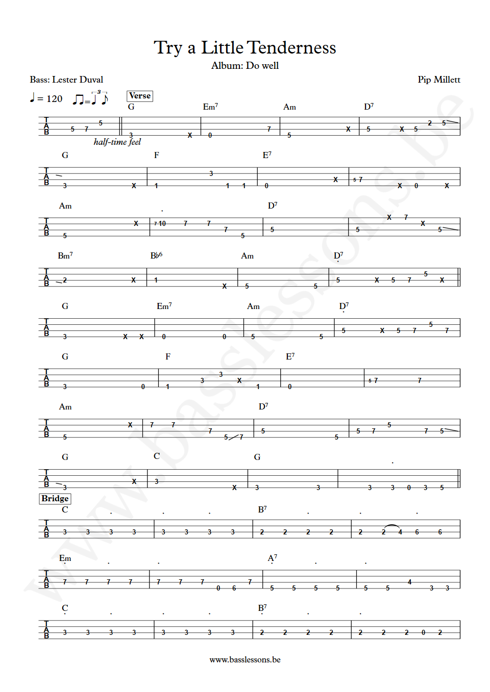 Pip Millett Try a Little Tenderness Lester Duval Bass Tabs