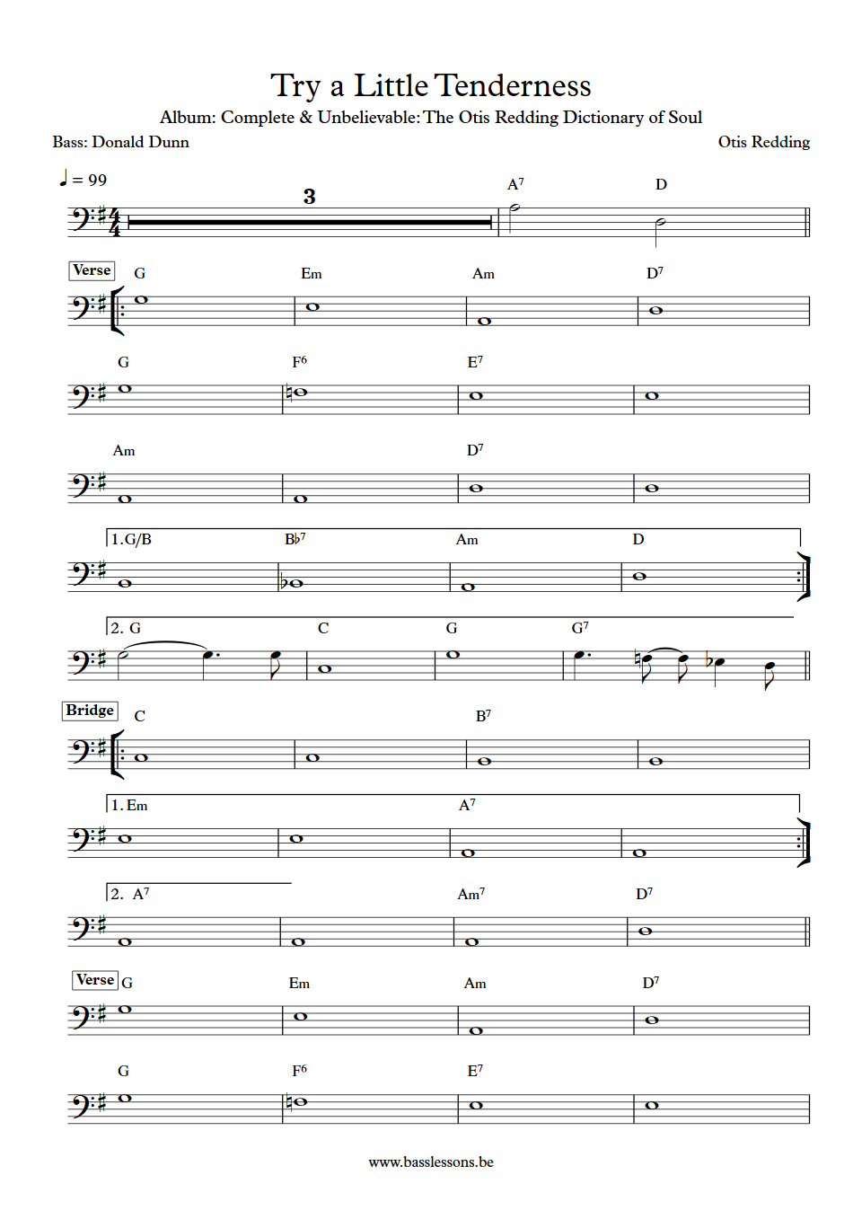 Otis Redding Try a Little Tenderness Donald 'Duck' Dunn Bass Transcription