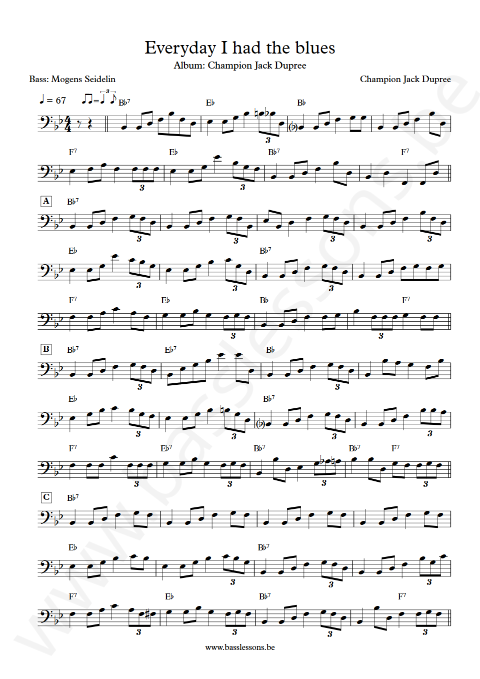 Champion Jack Dupree Everyday I Had The Blues Mogens Seidelin Bass Transcription