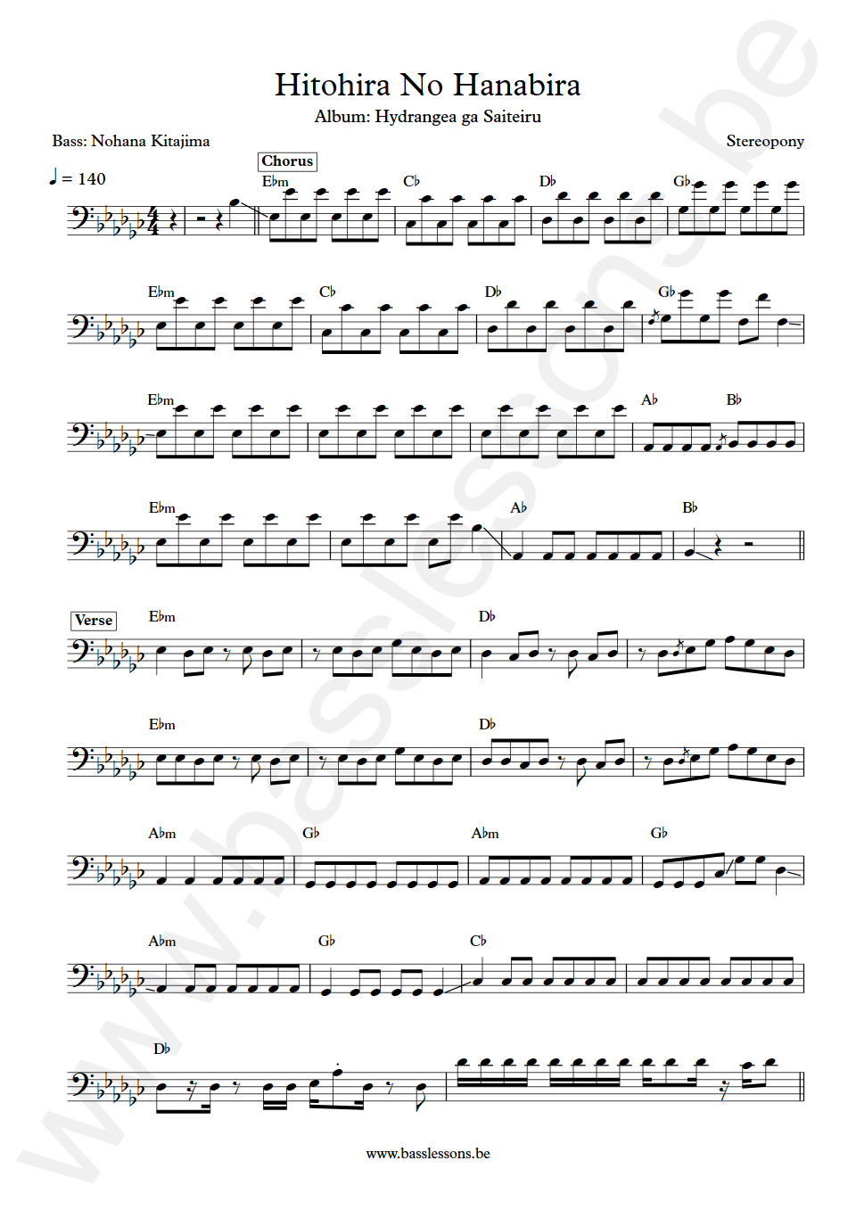 Stereopony Hitohira No Hanabira Nohana Kitajima Bass Transcription