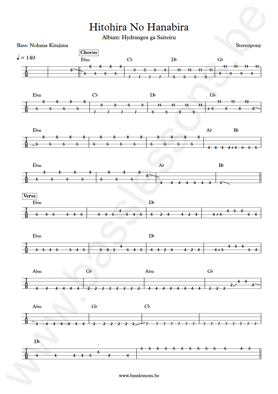 Stereopony Hitohira No Hanabira Nohana Kitajima Bass Tabs
