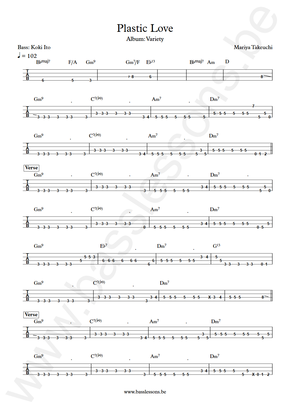 Mariya Takeuchi Plastic Love Koki Ito Bass Tab
