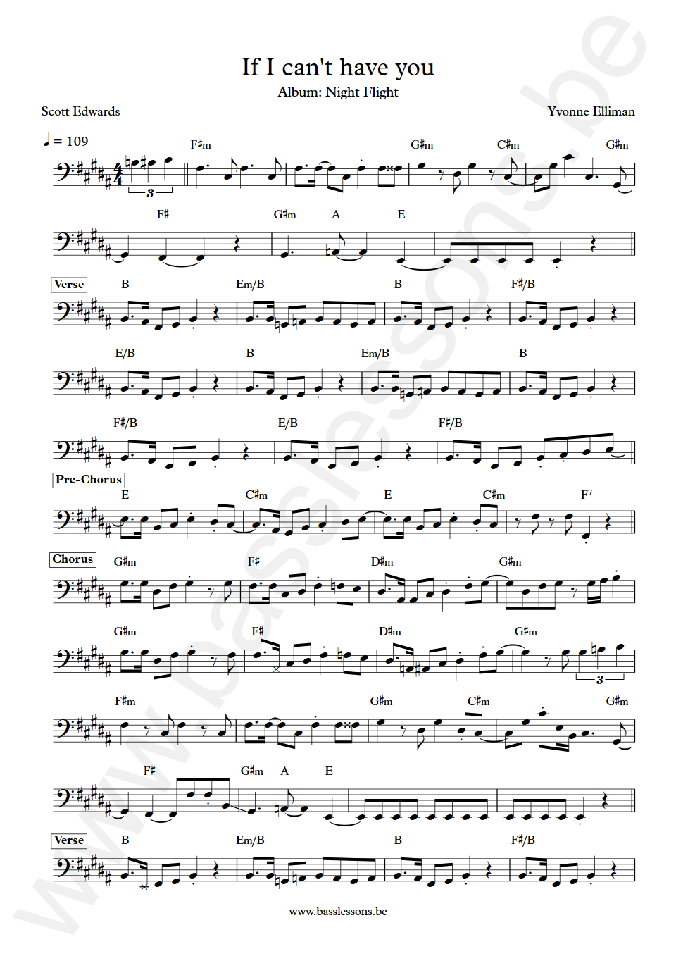 Yvonne Elliman If i can't have you Scott Edwards Bass Transcription