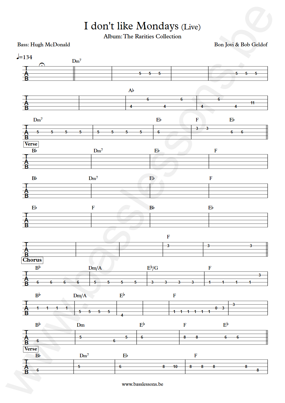 Bon Jovi & Bob Geldof I Don't Like Mondays Hugh McDonald Bass Tabs
