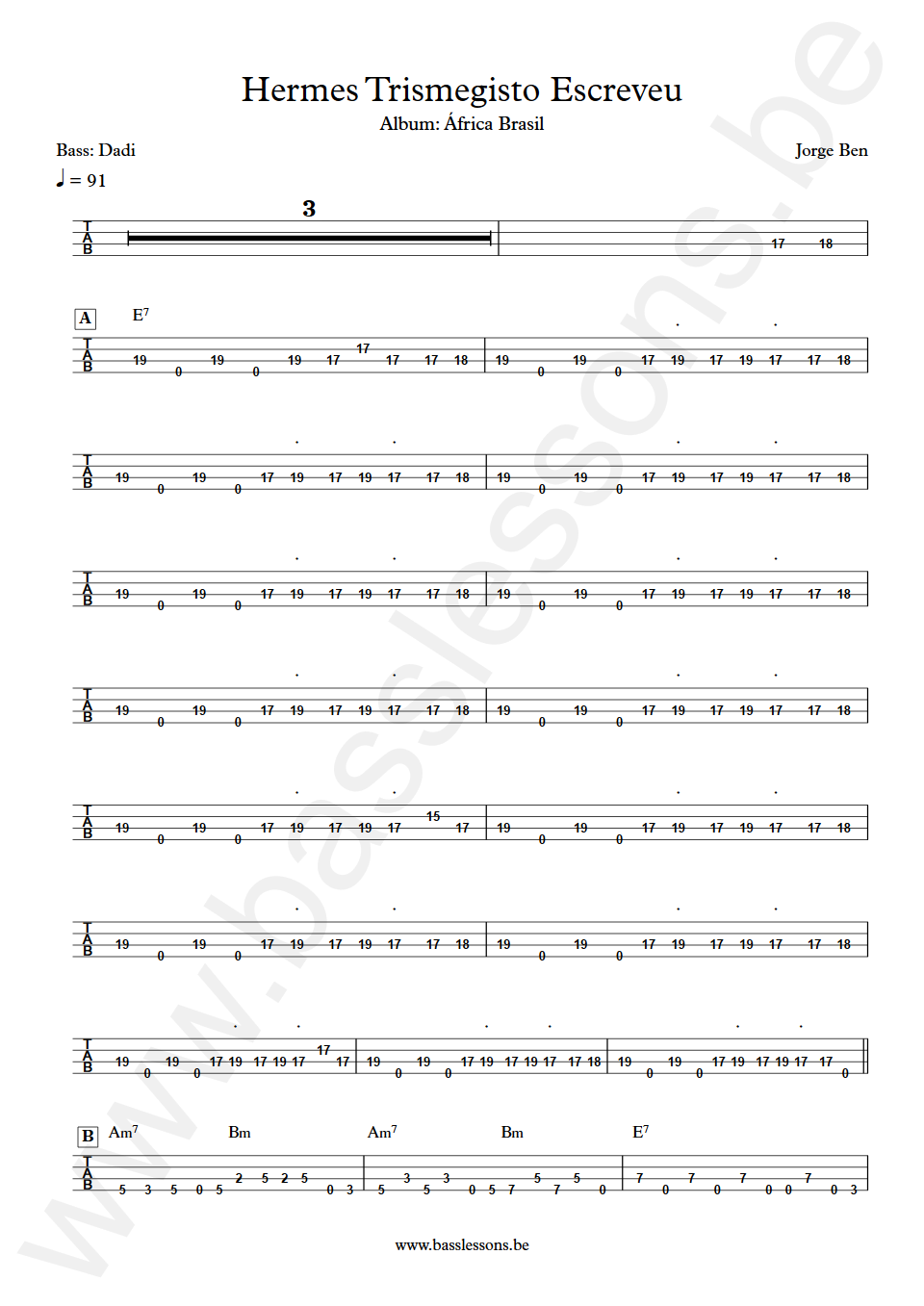 Jorge Ben Hermes Trismegisto Escreveu Dadi Bass Transcription tab