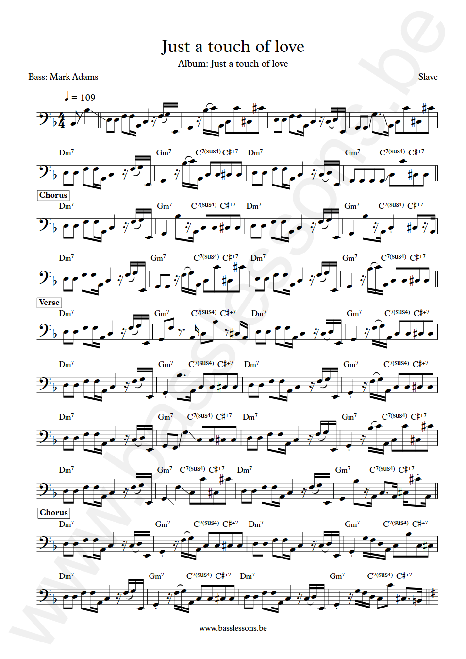 Slave Just a touch of love Mark Adams Bass Transcription