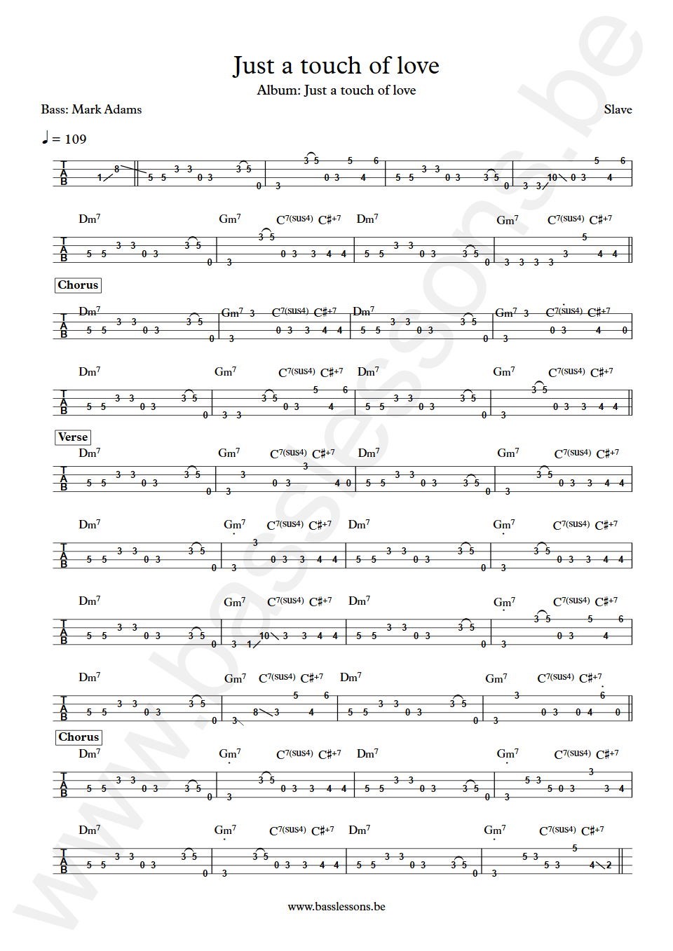 Slave Just a touch of love Mark Adams Bass Tabs