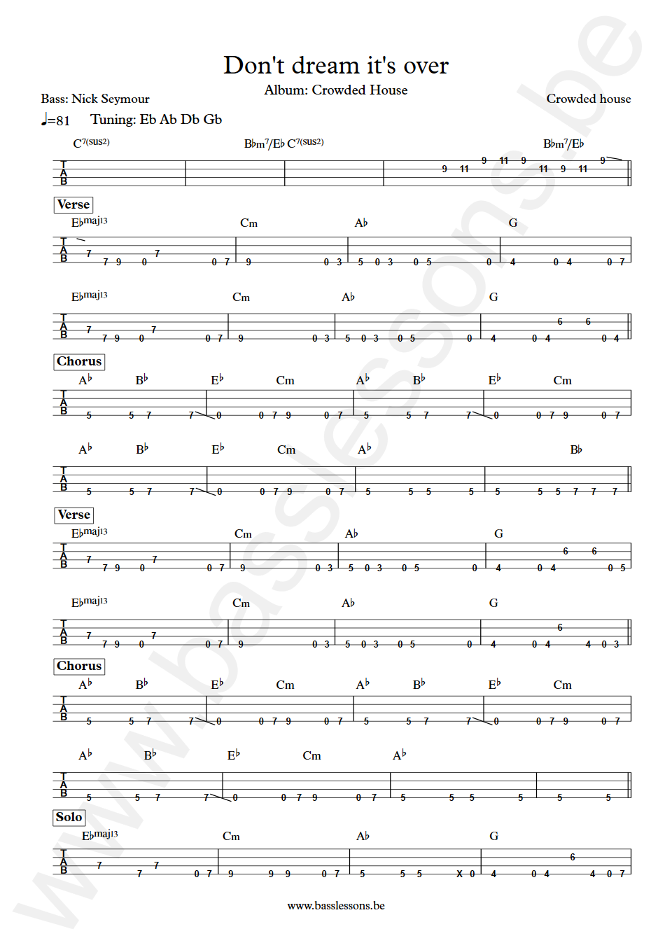 Crowded House Don't dream its over Nick Seymour Bass Tabs
