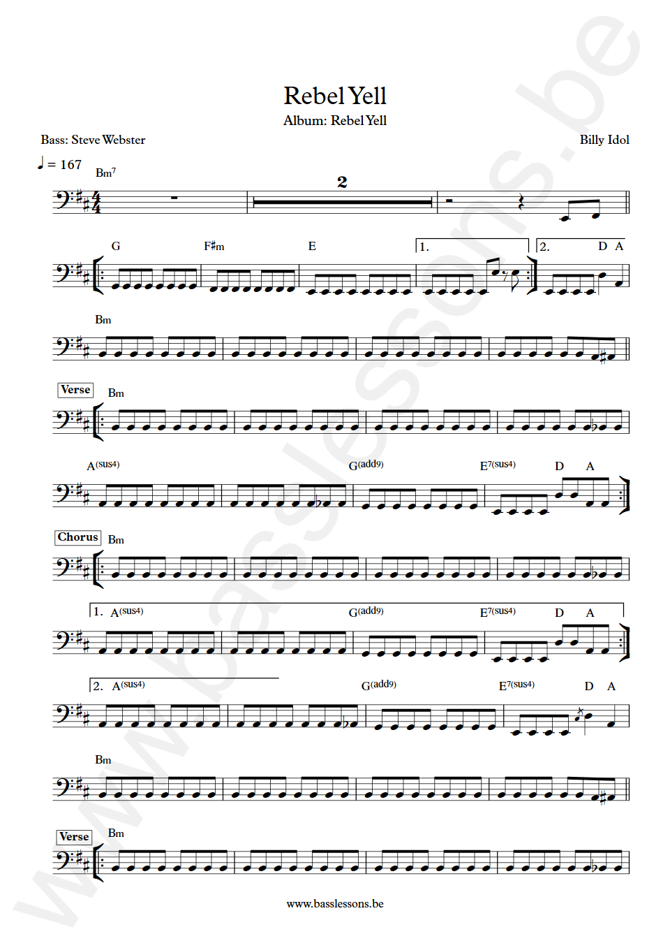 Billy Idol Rebel Yell Steve Webster Bass Transcription