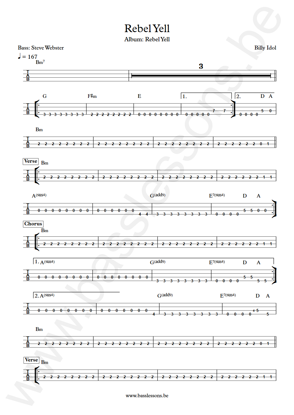 Billy Idol Rebel Yell Steve Webster Bass Tabs