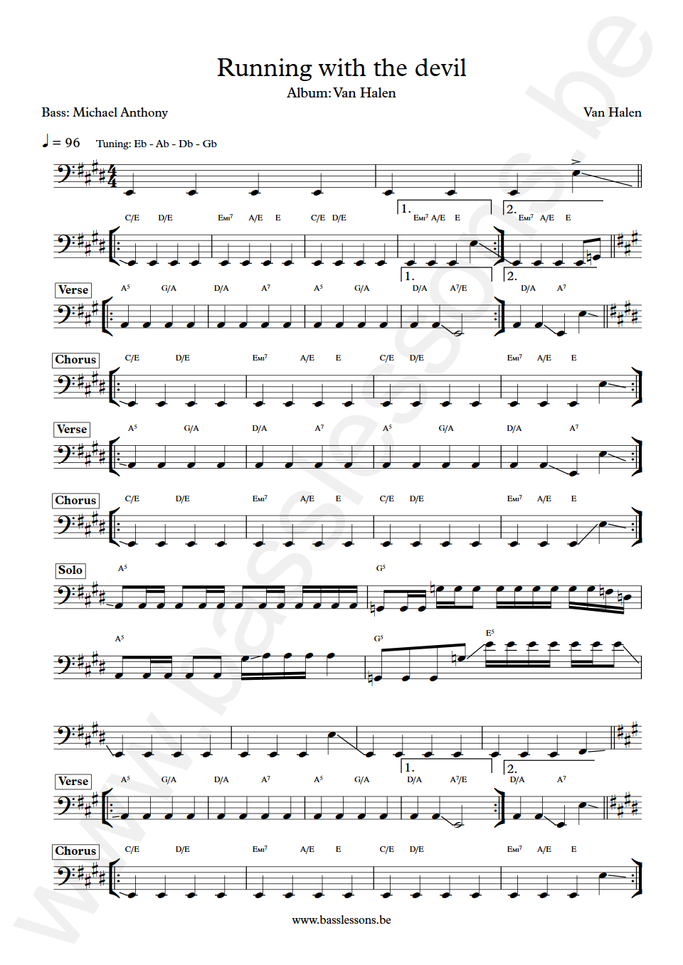 Van Halen Runnin with the devil Michael Anthony  Bass Transcription