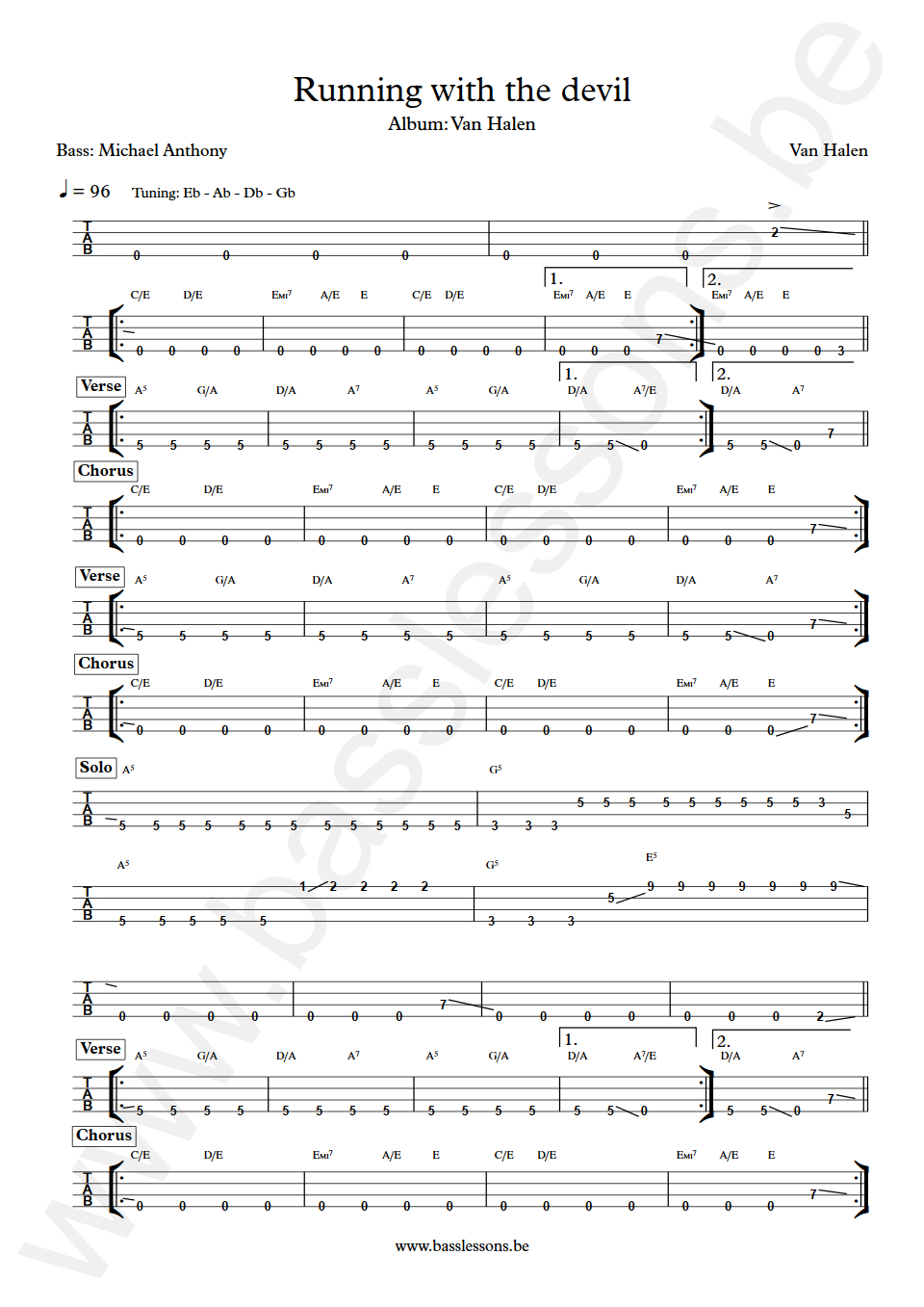 Van Halen Runnin with the devil Michael Anthony  Bass Tabs