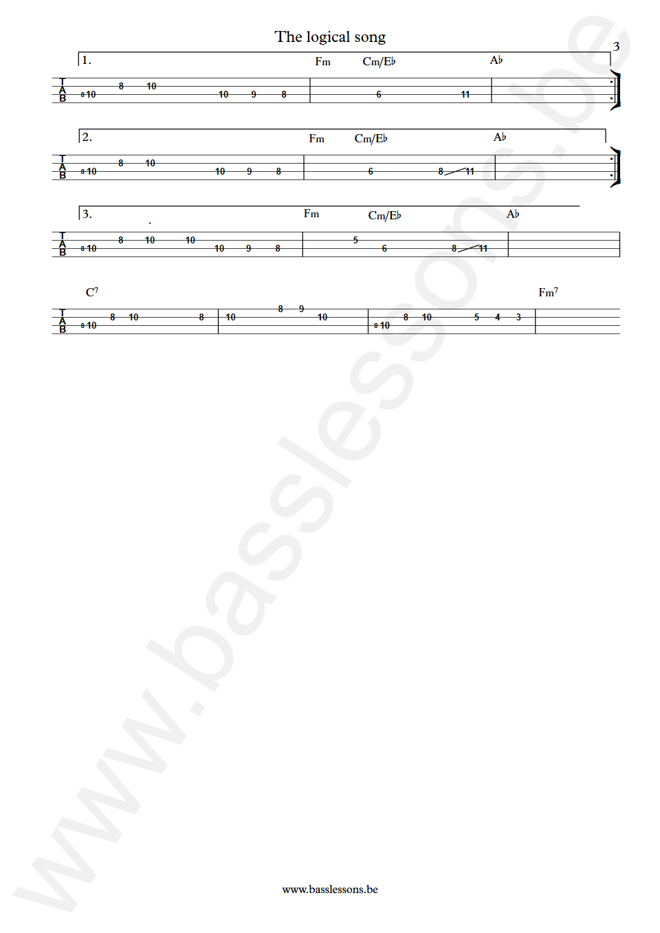 Supertramp The logical song Dougie Thomson  Bass Tabs part 3