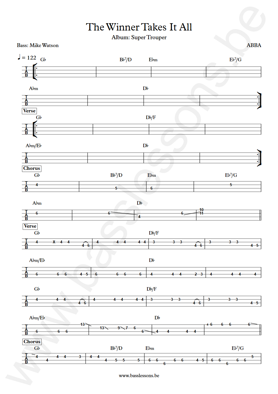 ABBA The Winner Takes It All Mike Watson Bass Tabs