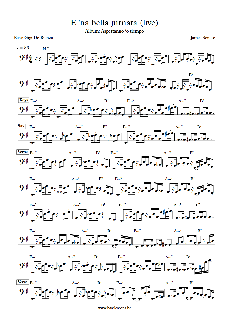 James Senese E na bella jurnata Gigi De Rienzo Bass Transcription