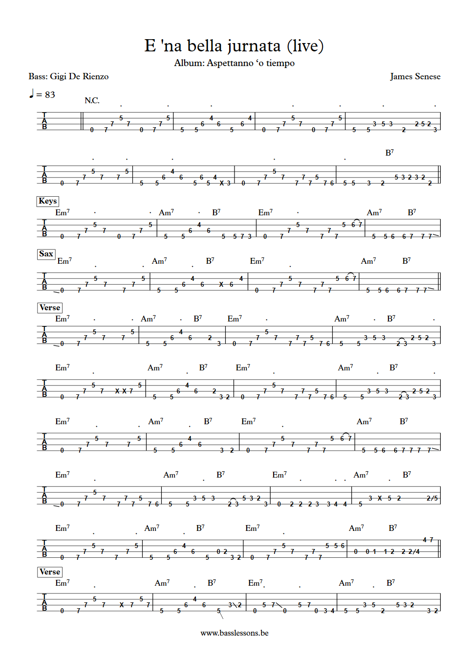 James Senese E na bella jurnata Gigi De Rienzo Bass Tab