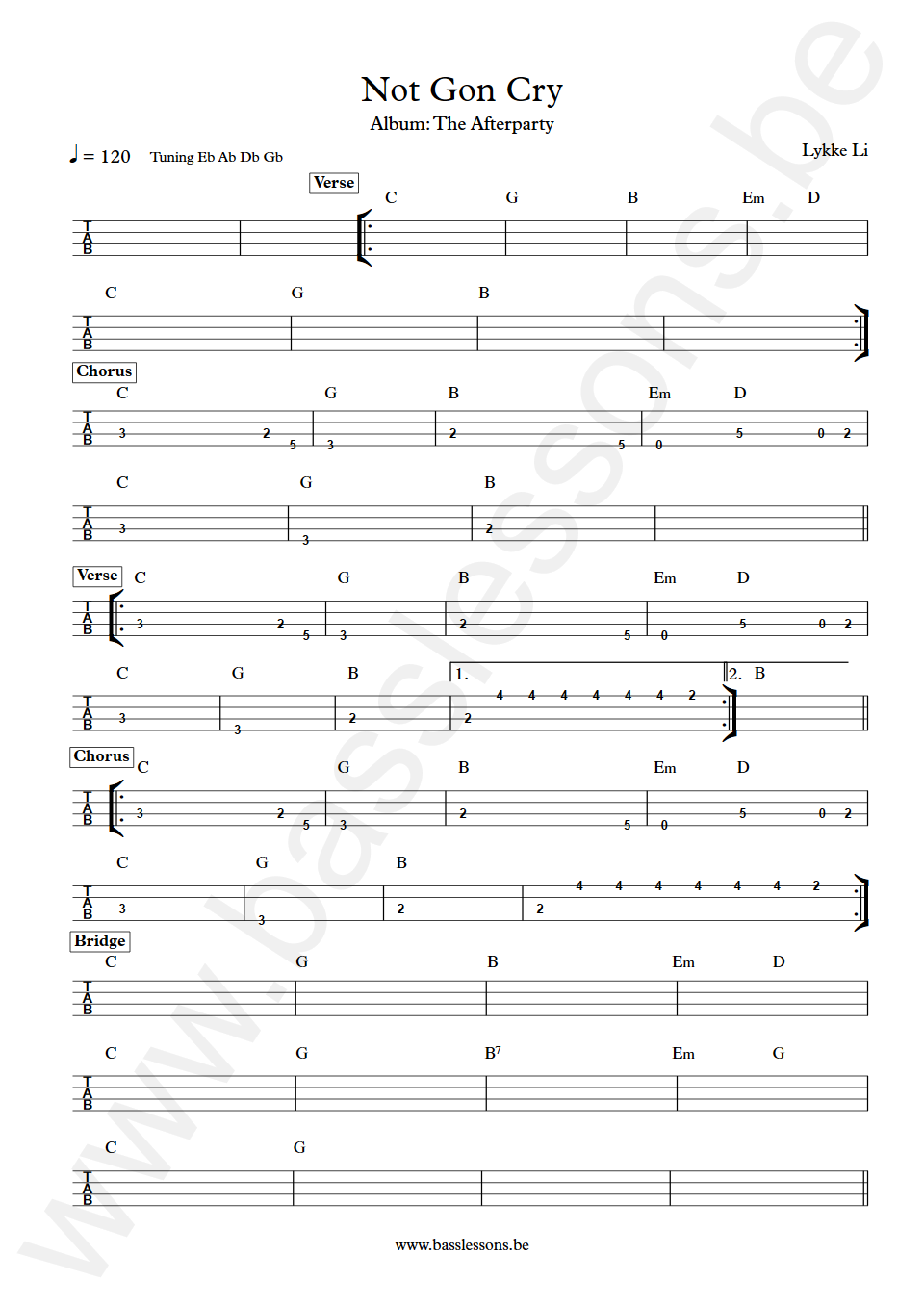 Lykke Li Not Gon Cry transposed Bass Synth Tab