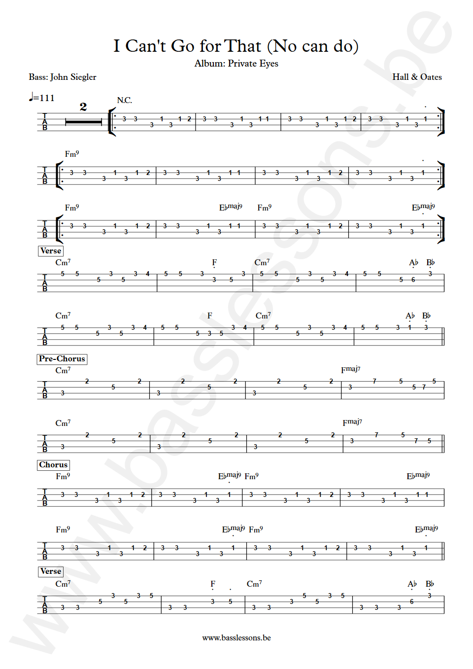 Hall & Oates I Can't Go for That John Siegler Bass Tab