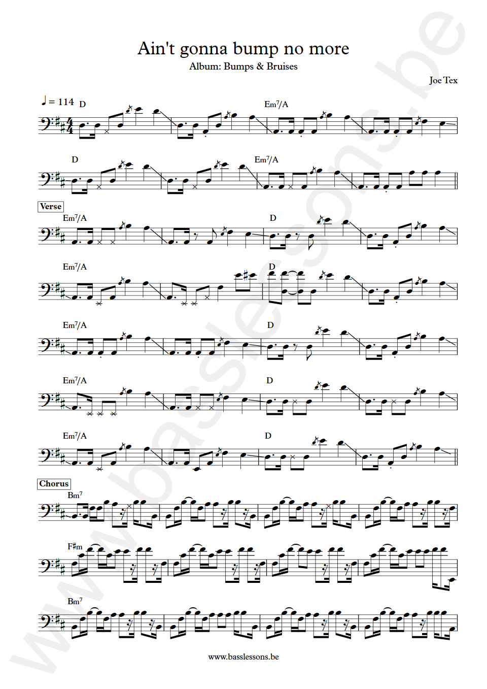 Joe Tex Ain't Gonna Bump no More Bass Transcription