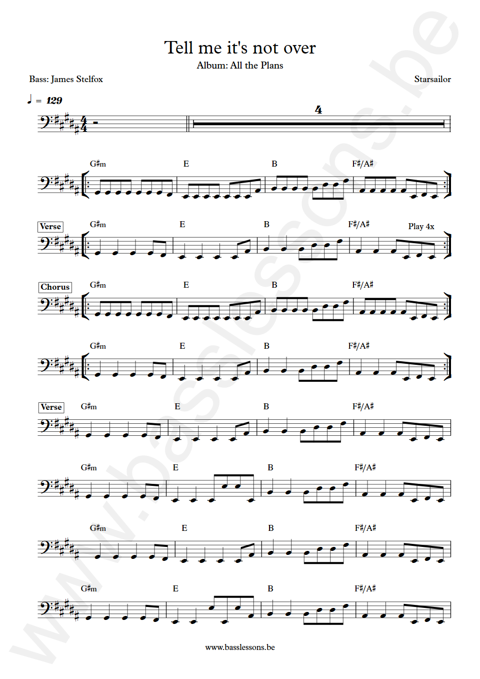 Starsailor Tell Me It's Not Over James Stelfox Bass Transcription