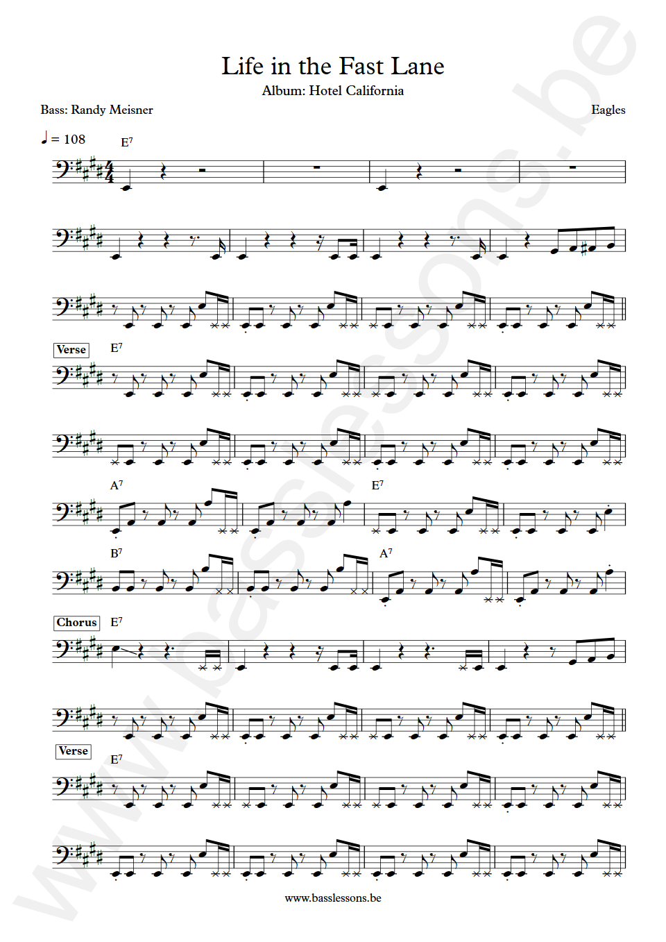 Eagles Life in the Fast Lane Randy Meisner Bass Transcription