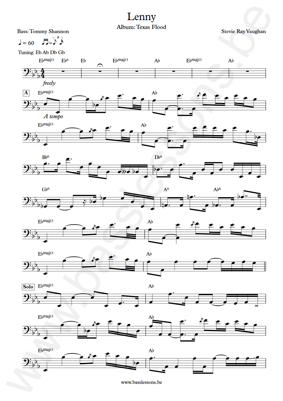Stevie Ray Vaughan Lenny Tommy Shannon Bass Transcription