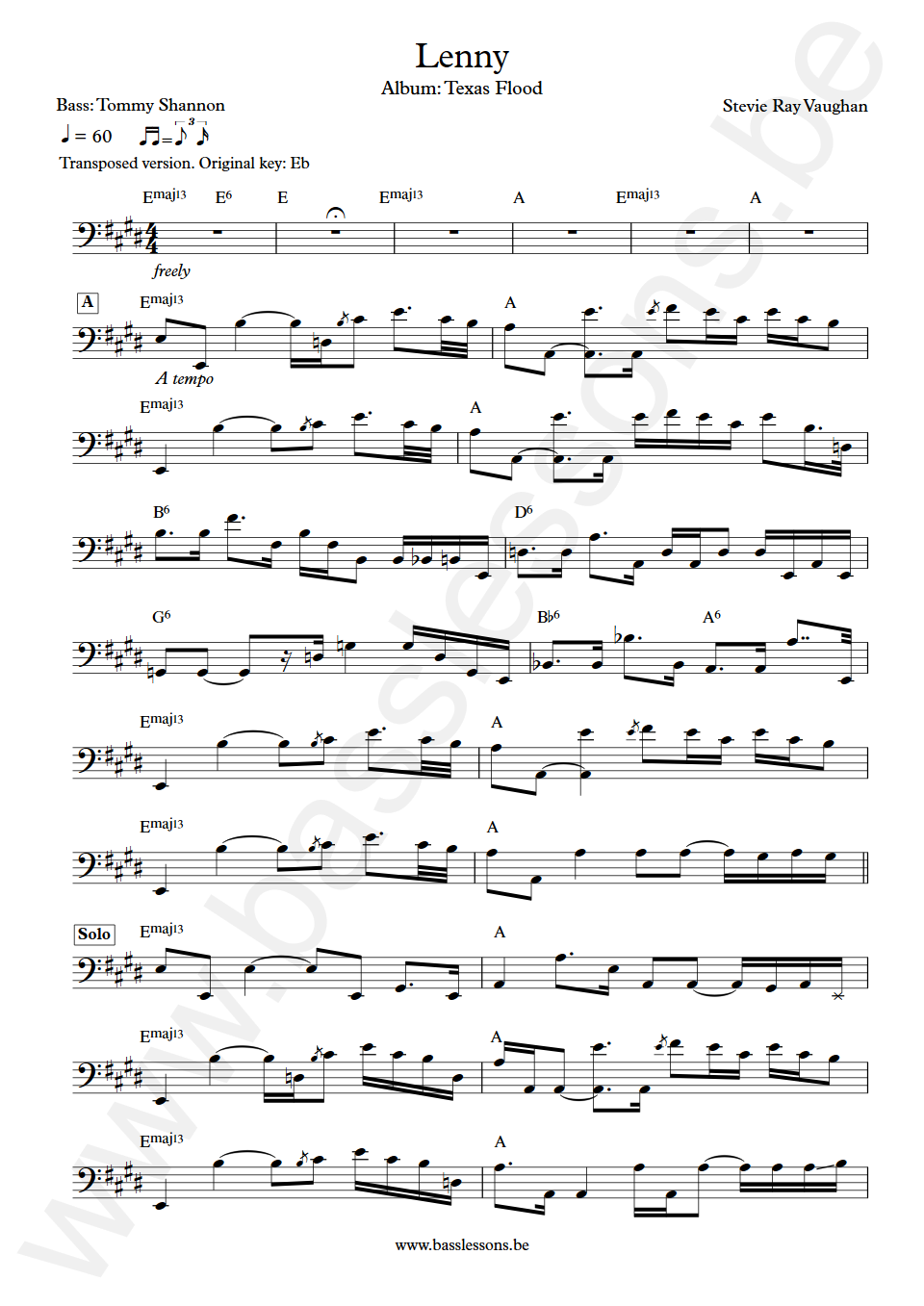 Stevie Ray Vaughan Lenny Tommy Shannon Bass Transcription transposed