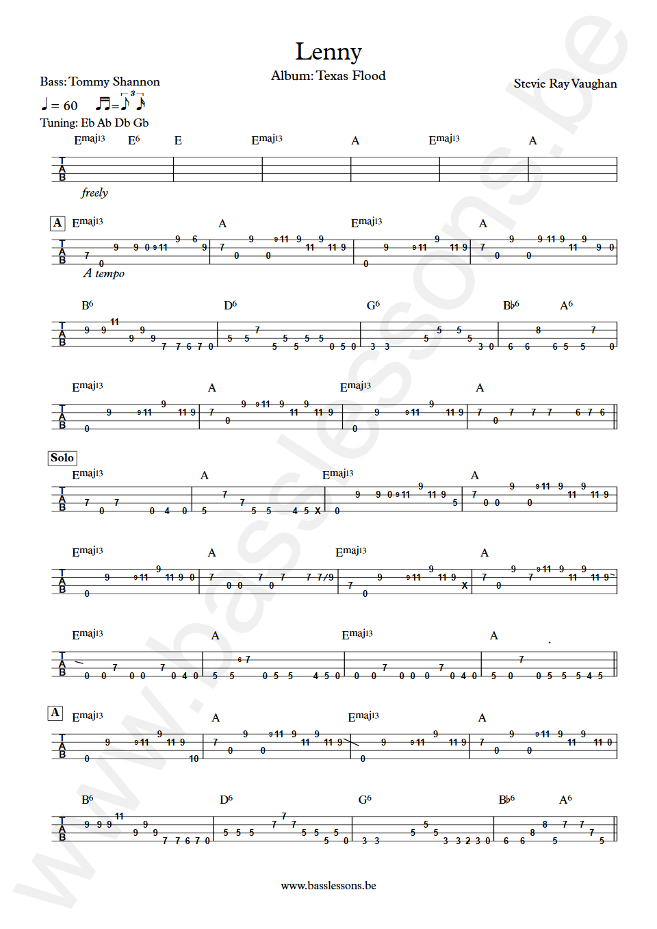 Stevie Ray Vaughan Lenny Tommy Shannon Bass Tab