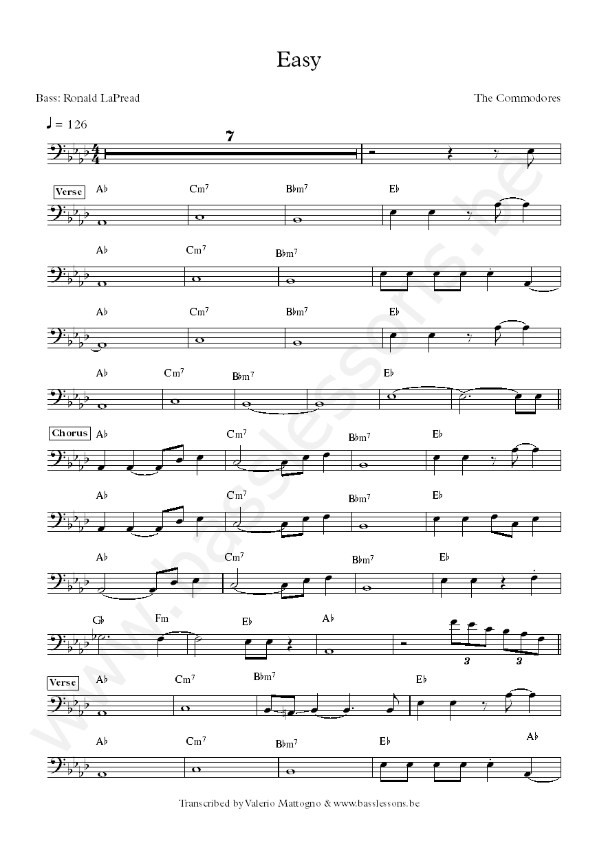 Commodores - Easy bass transcription