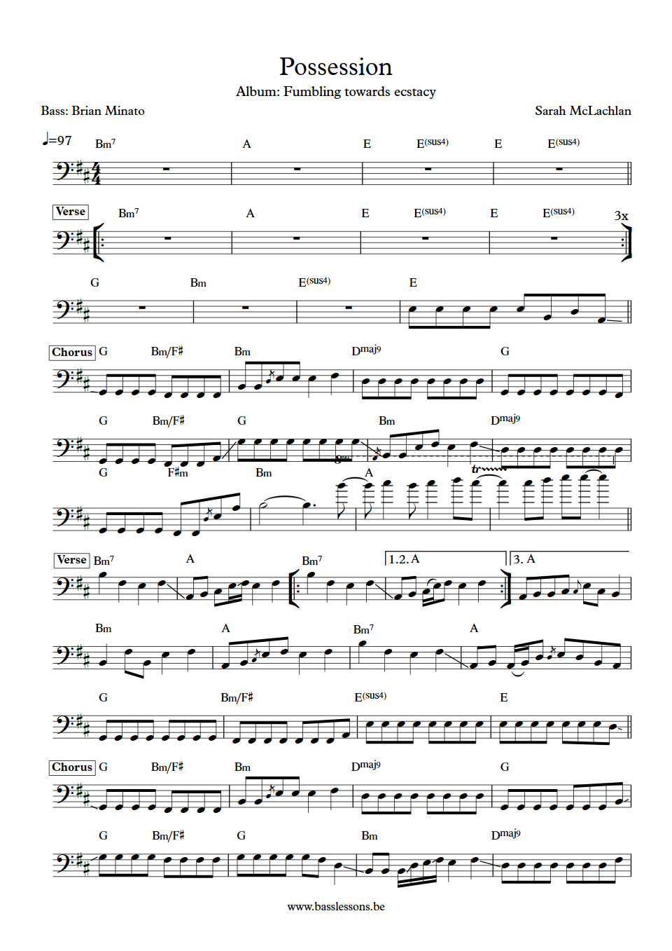 Sarah McLachlan Brian Minato bass transcription possession