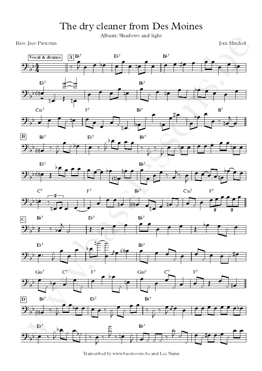 Joni mitchell the dry cleaner from des :oines bass transcription