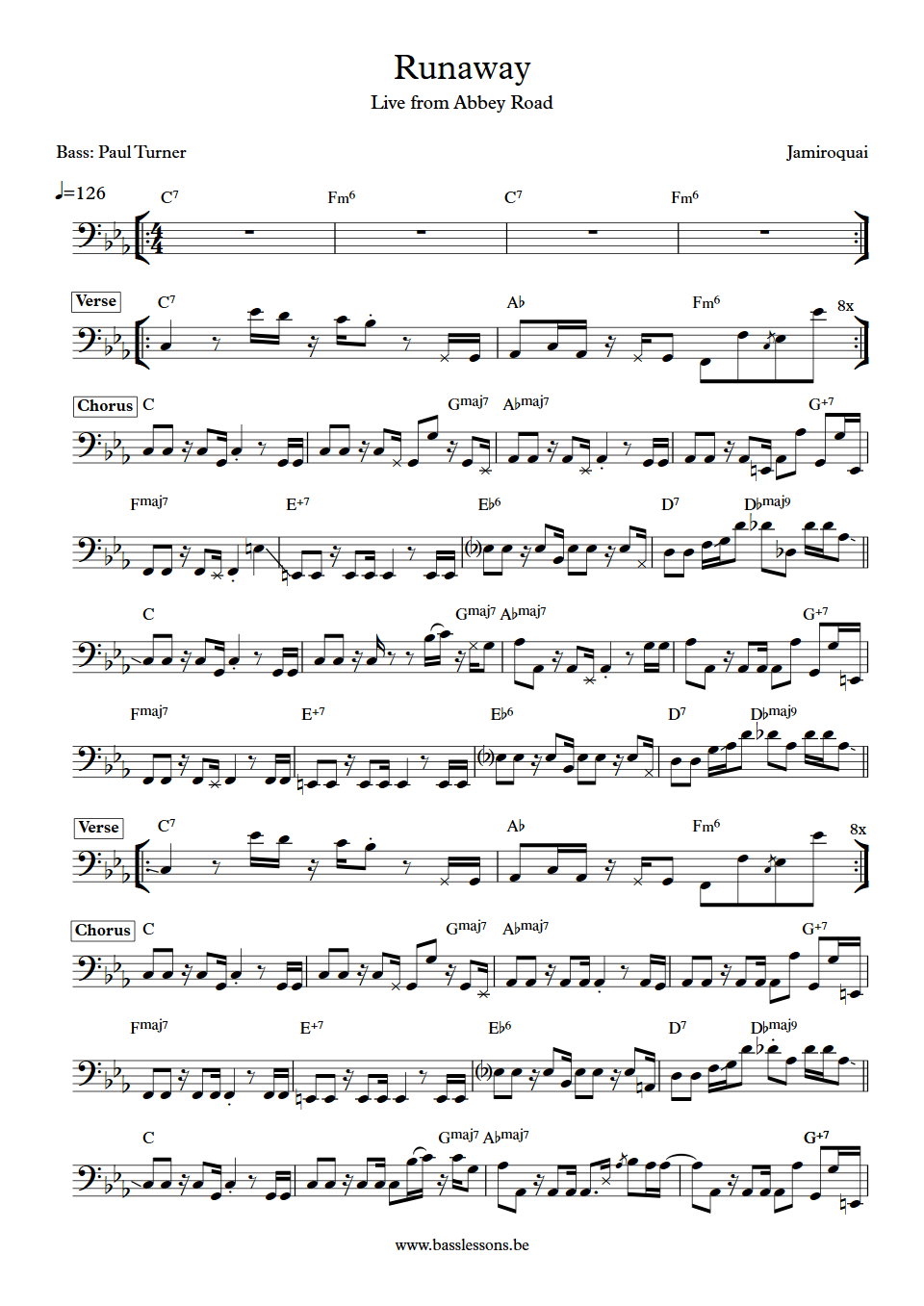 Jamiroquai runaway live at Abbey road Paul Tuner bass transcription