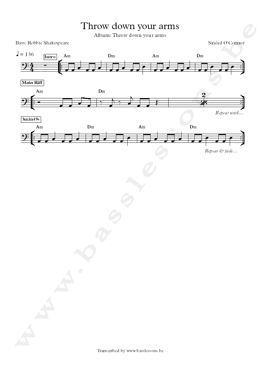 Throw down your arms Robbie Shakespeare bass transcription