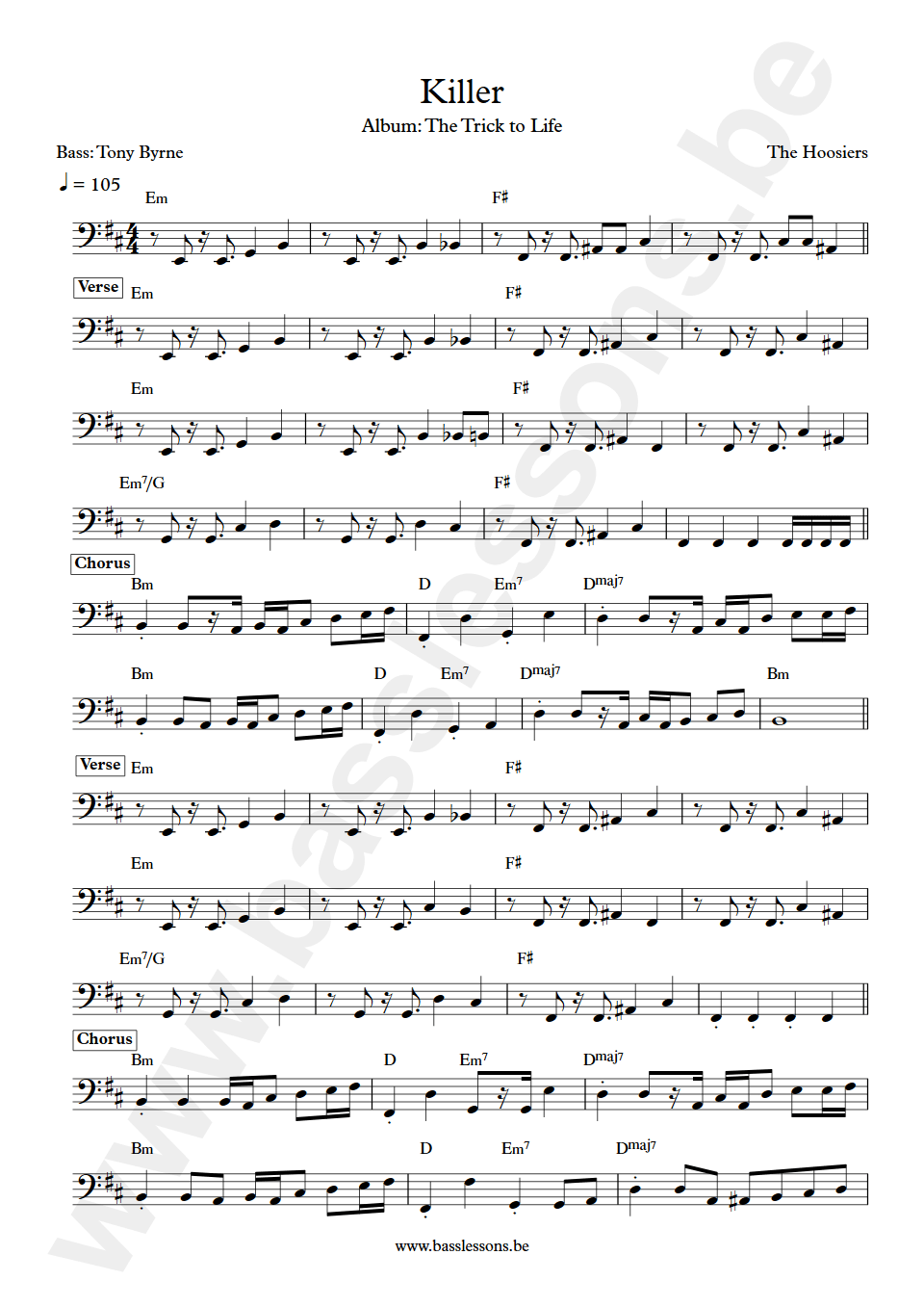 The Hoosiers Killer Tony Byrne bass transcription