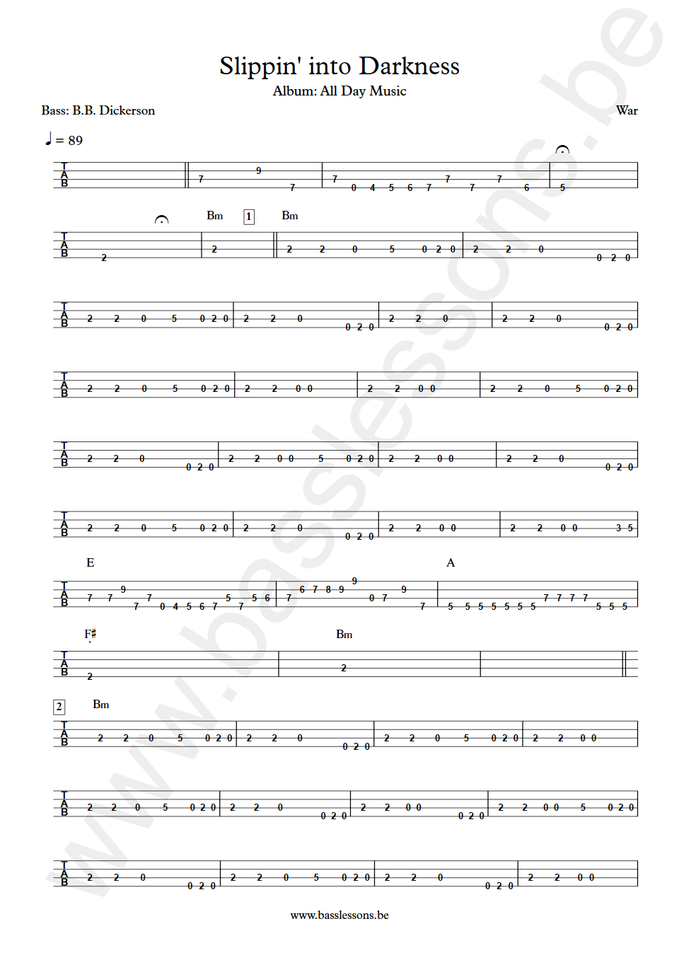 War Slipping into Darkness B.B. Dickerson bass tab