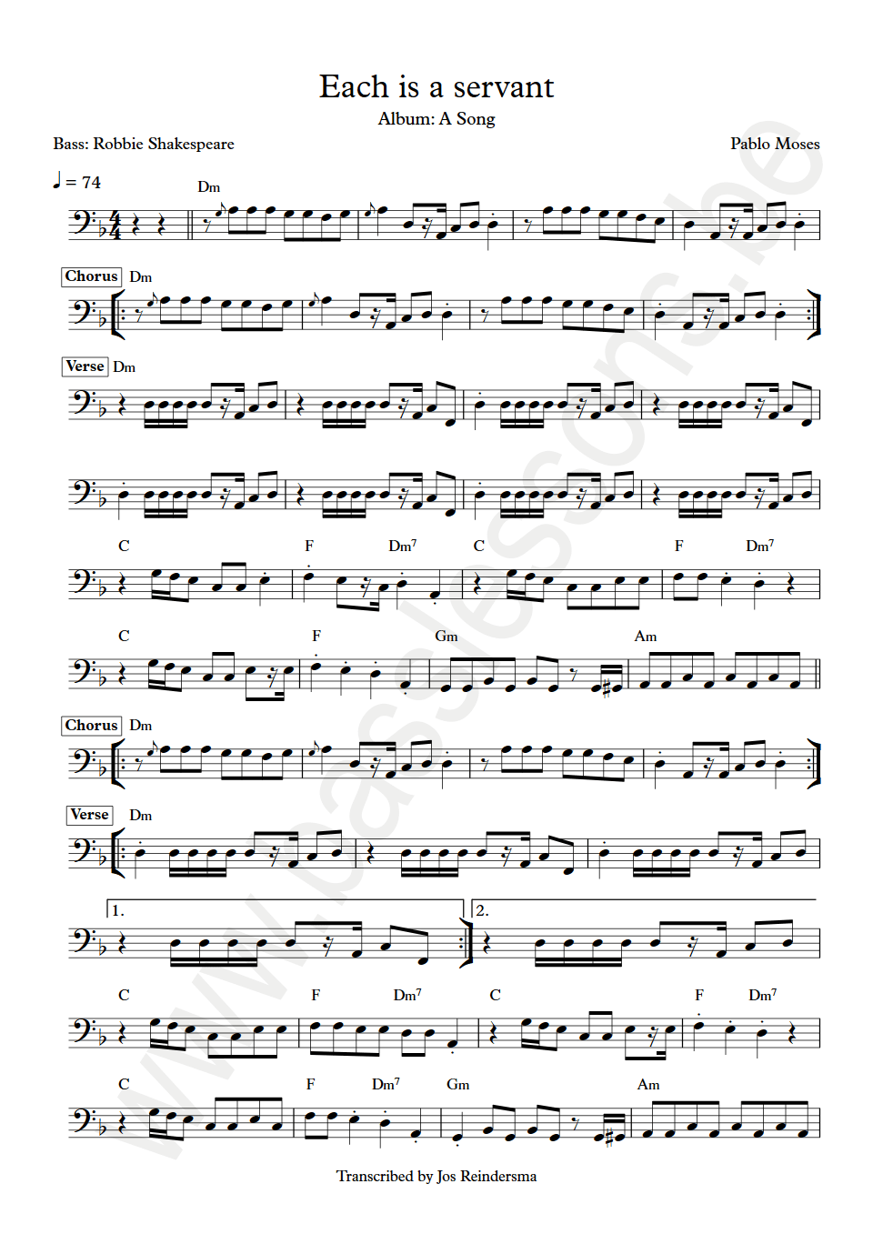 Pablo Moses Each is a servant Robbie Shakespeare bass transcription