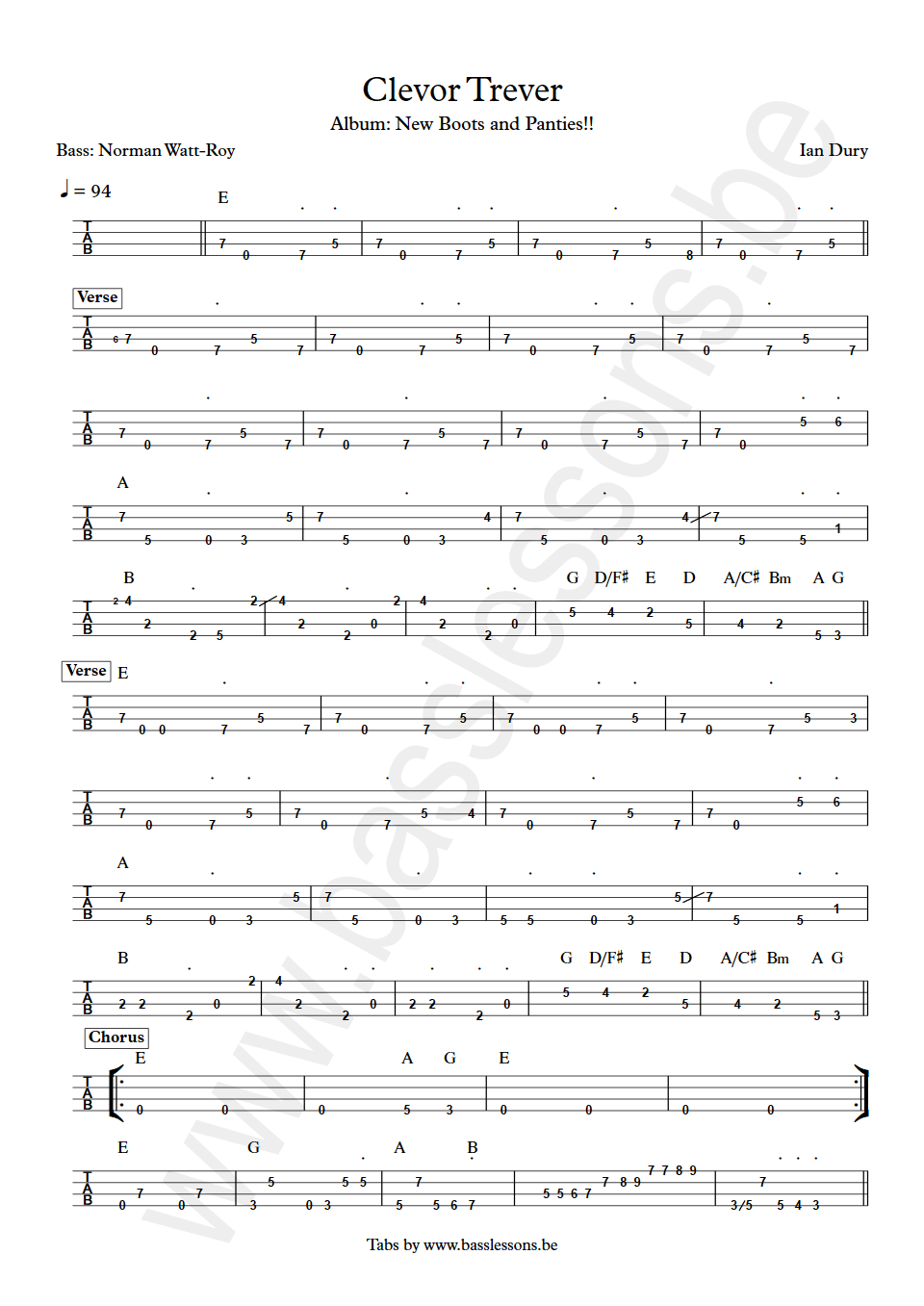 Ian Dury Clevor Trever Norman Watt-Roy bass tab