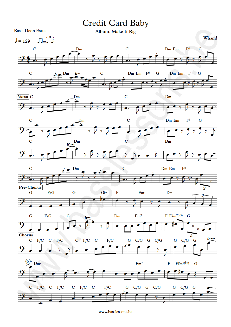 Wham Credit Card Baby Deon Estus bass transcription