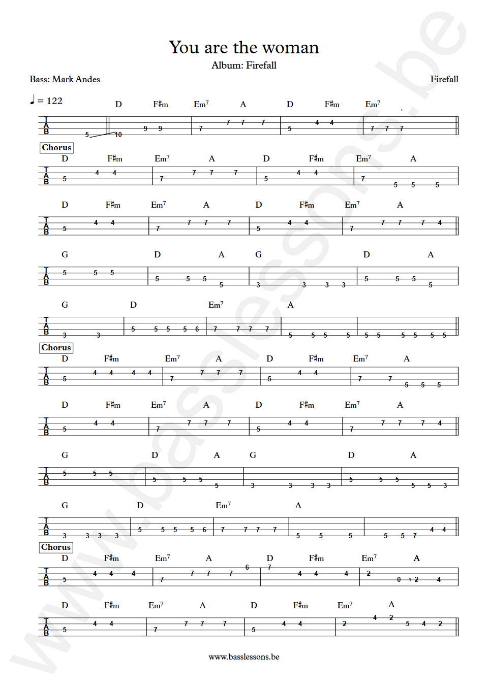 Firefall You are the woman Mark Andes Bass Tab